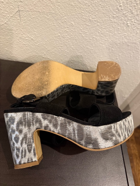 Size 38 Black Suede Platform Sandals with Leopard Print Heel